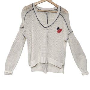 ELLOR L Natalie Mesh Pullover White Black Red Heart V-Neck Top